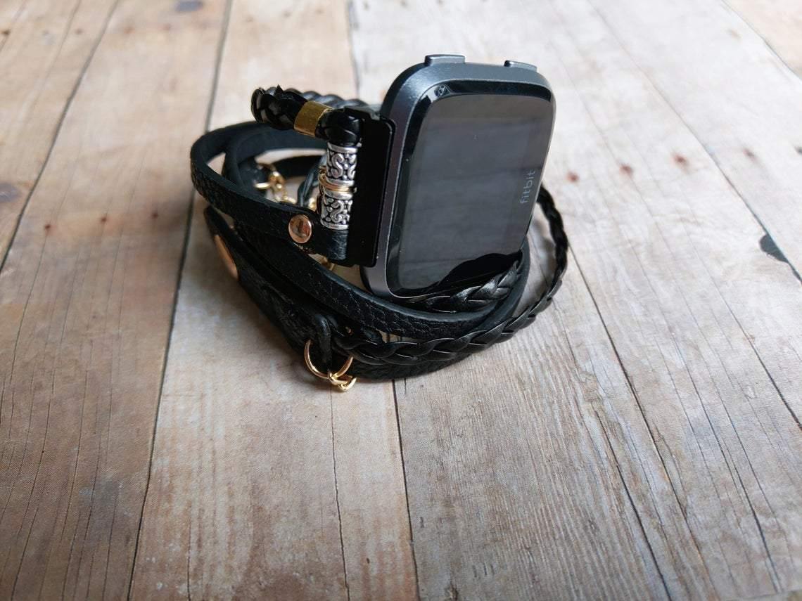 Boho Hippie Wrap Vegan Leather Watch Band with Gold Chain for Fitbit Versa/ Versa 2/Versa Lite - Mareevo