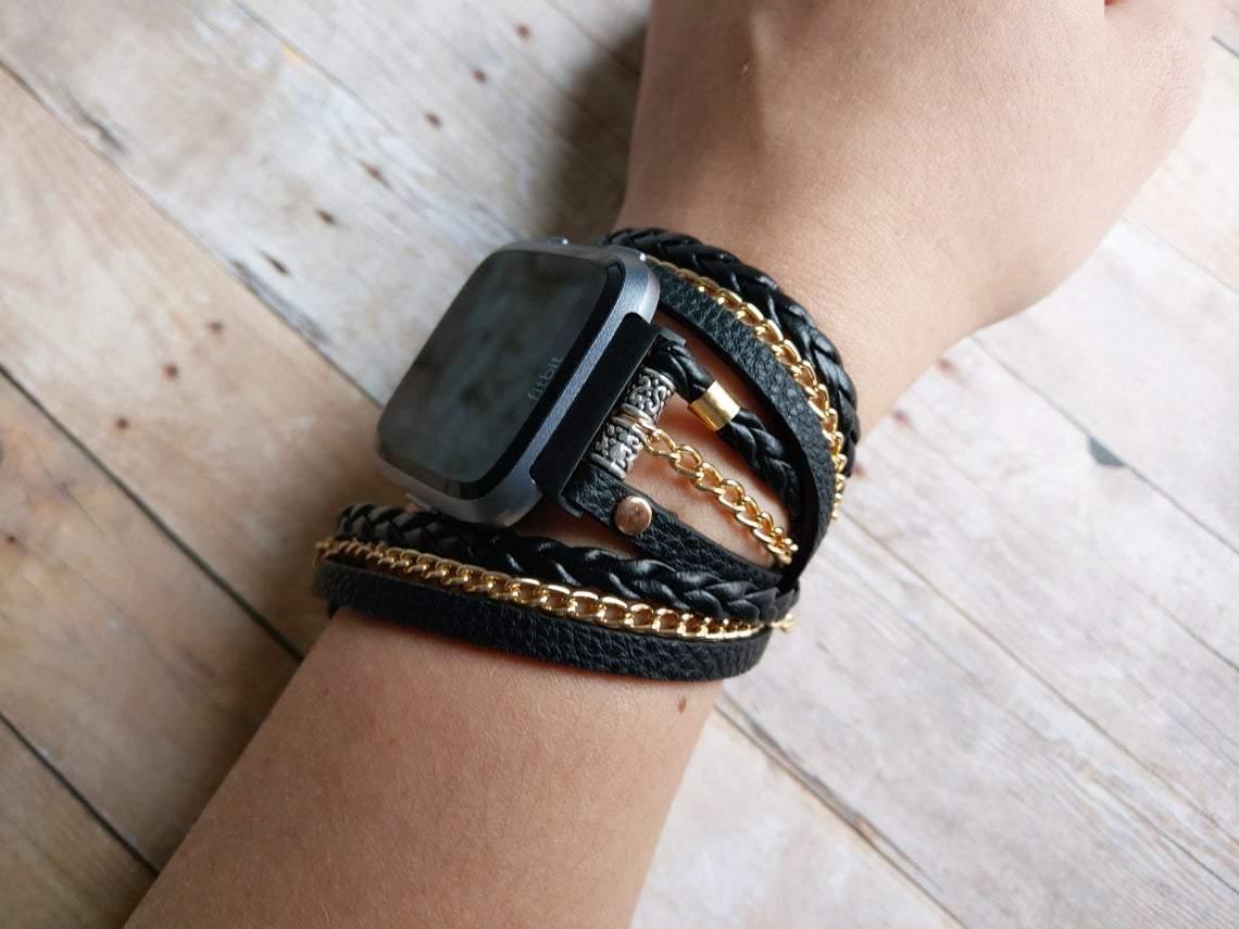 Boho Hippie Wrap Vegan Leather Watch Band with Gold Chain for Fitbit Versa/ Versa 2/Versa Lite - Mareevo