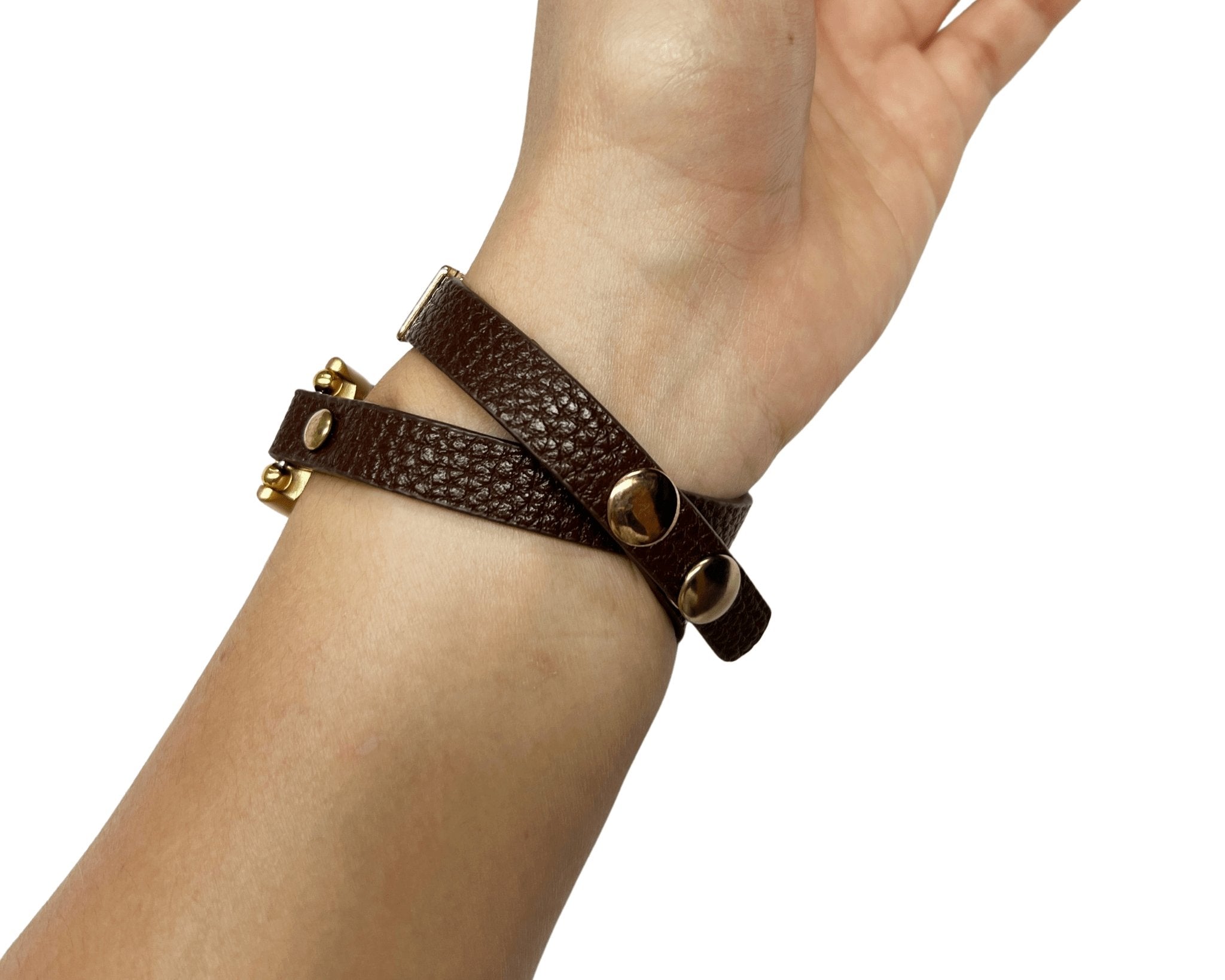 Brown Leather Gold Chain Wrap Bracelet Band for Fitbit Charge 5 - Mareevo