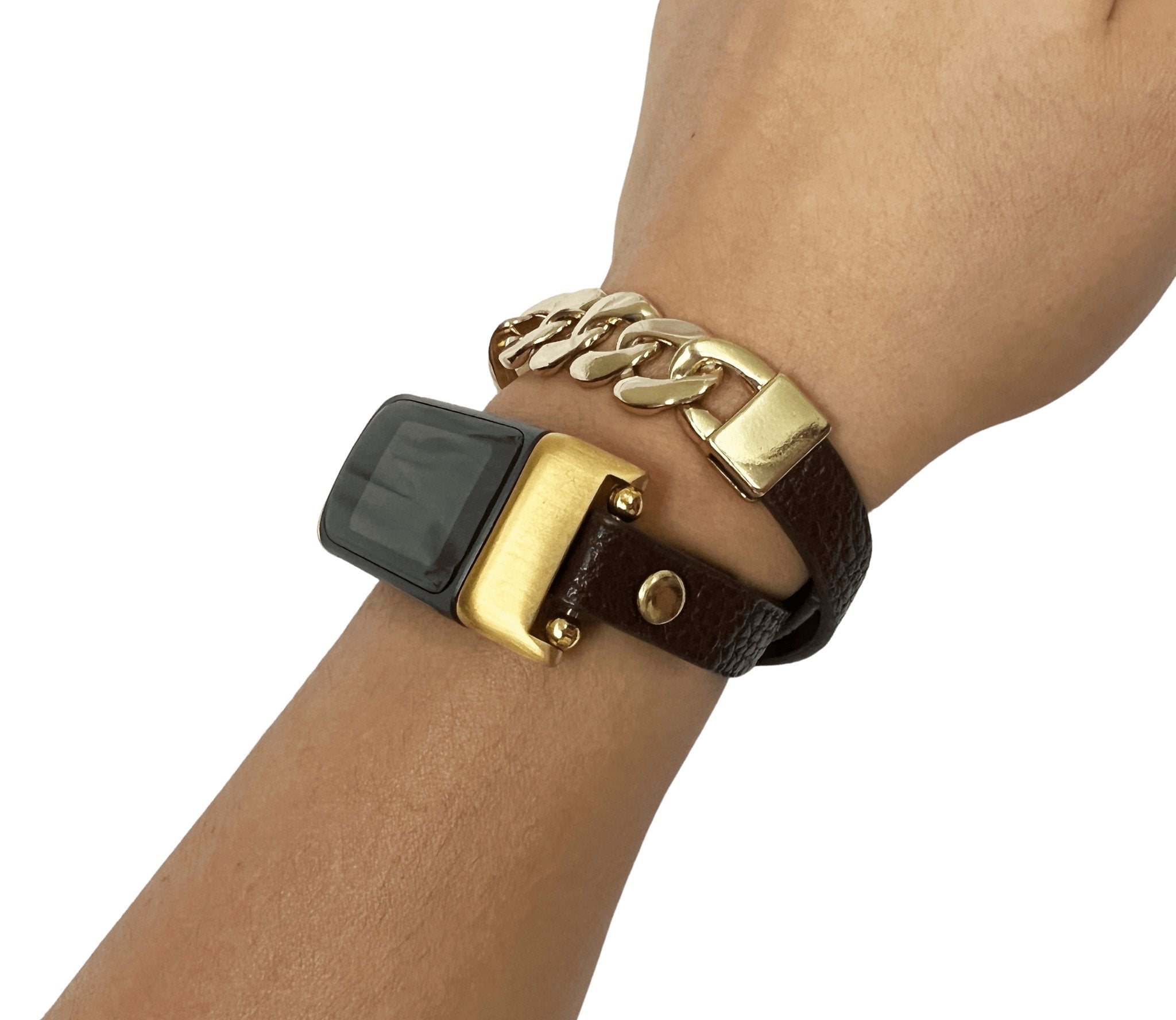 Brown Leather Gold Chain Wrap Bracelet Band for Fitbit Charge 5 - Mareevo