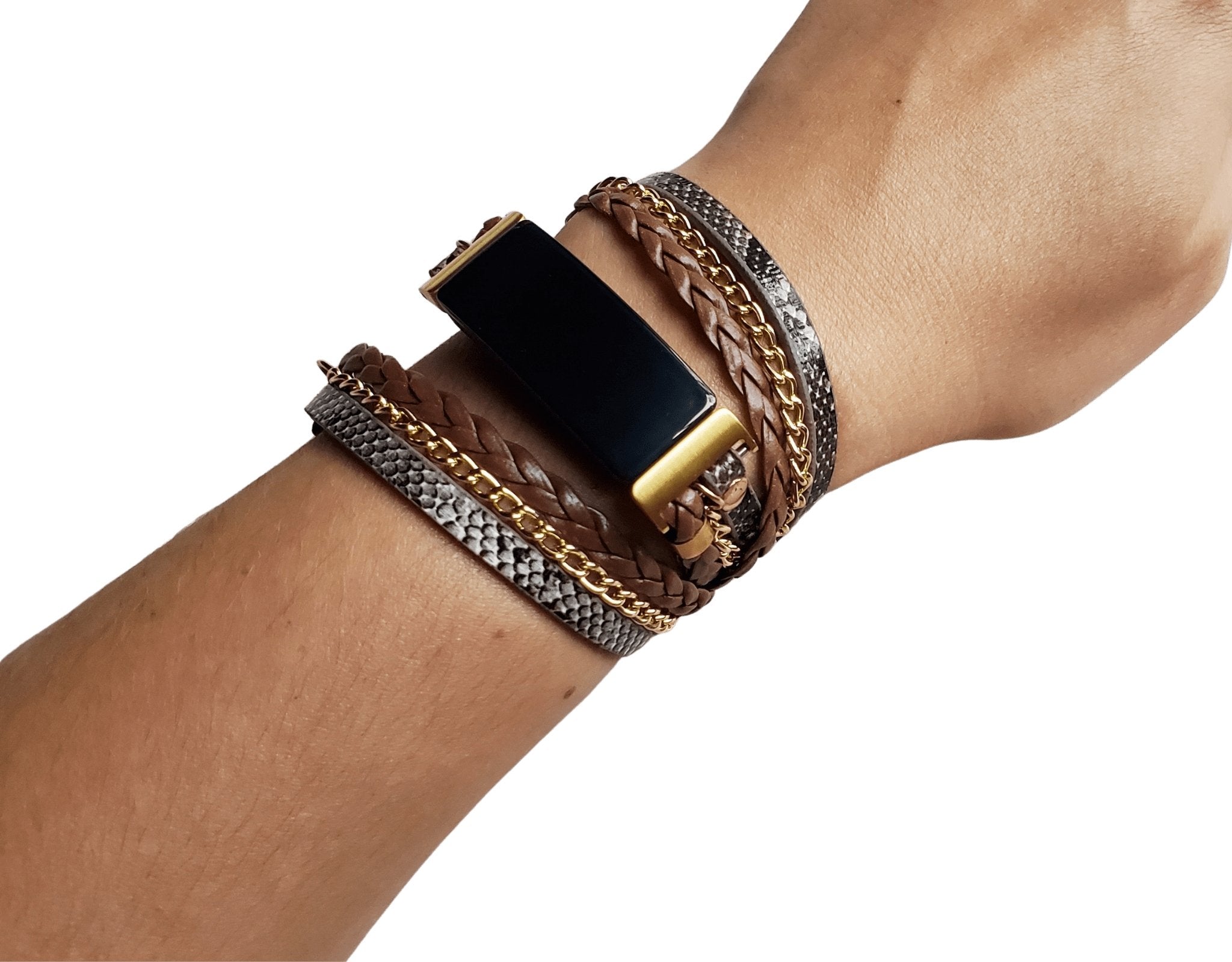 Black Snakeskin Fitbit Charge 3 Band Boho Chic Gold Chain Bracelet