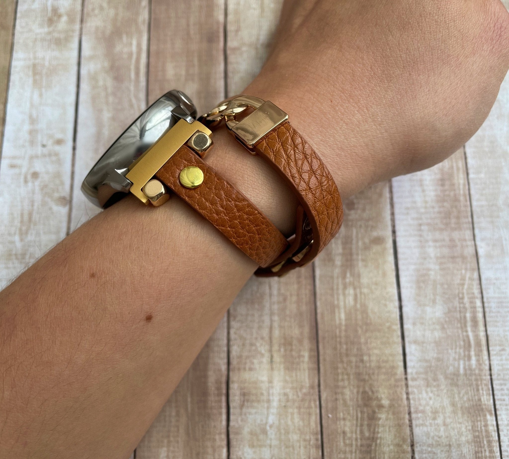 Caramel Leather Wrap Strap Gold Chain Bracelet - Mareevo