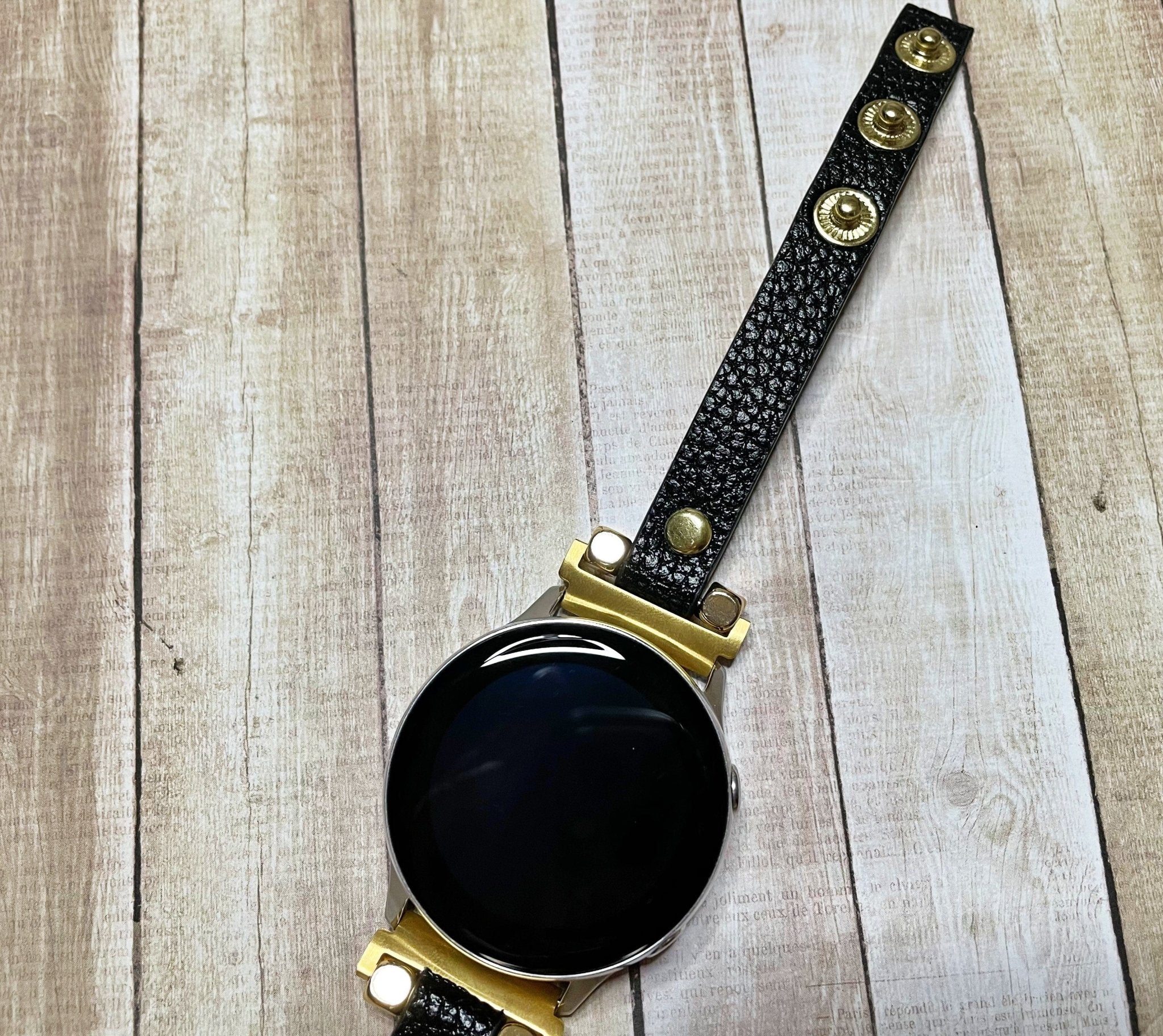Chic Black Leather Wrap Strap Gold Chain Bracelet for Samsung Watch - Mareevo