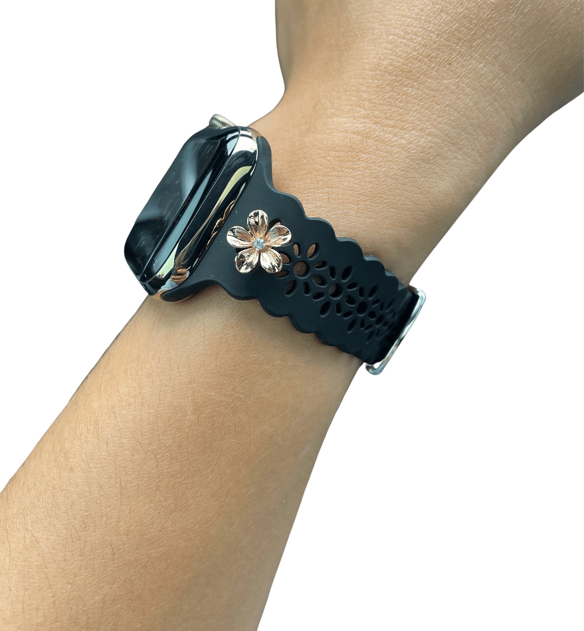 Chic Silicone Laser Cut Watch Band Decorated with Swarovski CZ Flower Stud - Mareevo