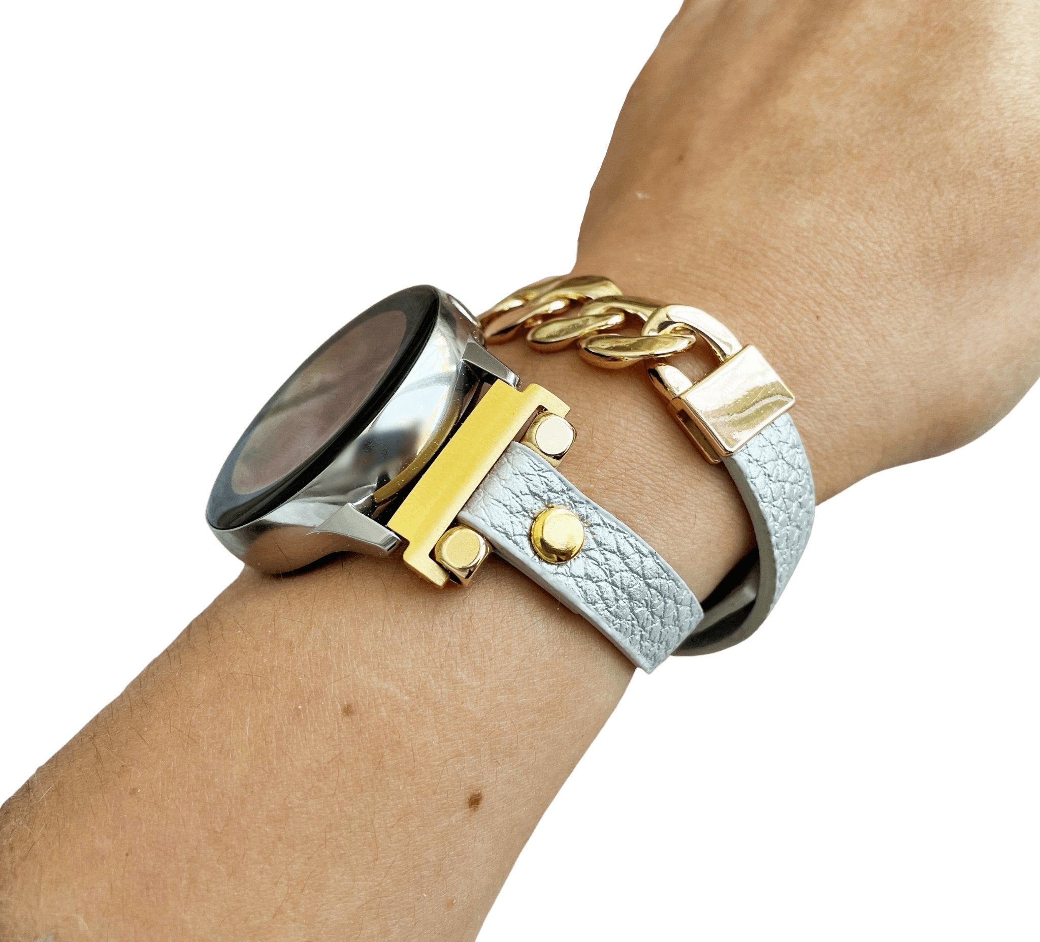 Chic Silver Leather Wrap Strap Gold Chain Bracelet - Mareevo