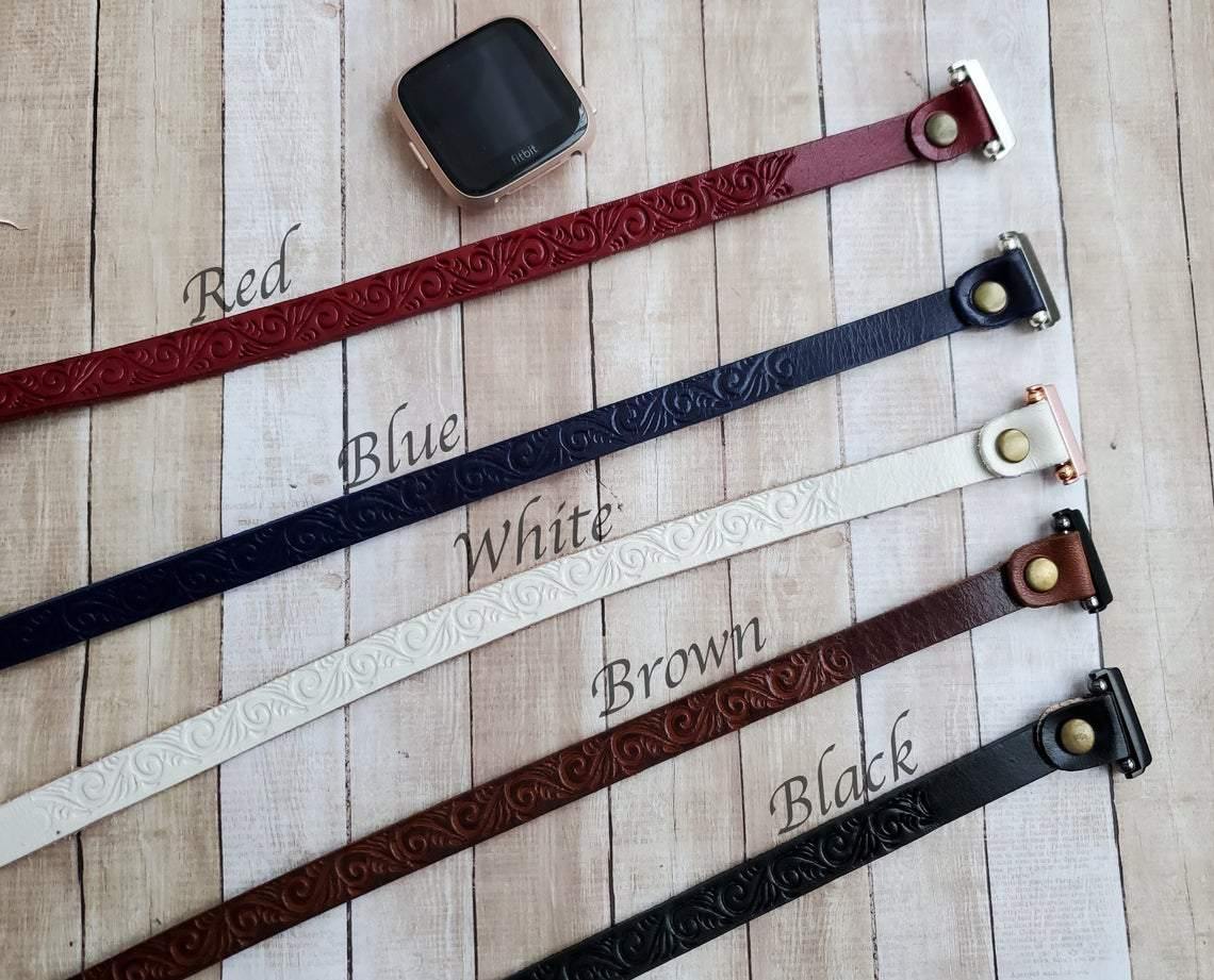 Fitbit Versa Leather Watch Band Handmade Embossed Braided Leather Bracelet for Versa 2 Versa Lite Watch Unisex Leather Wristband - Mareevo