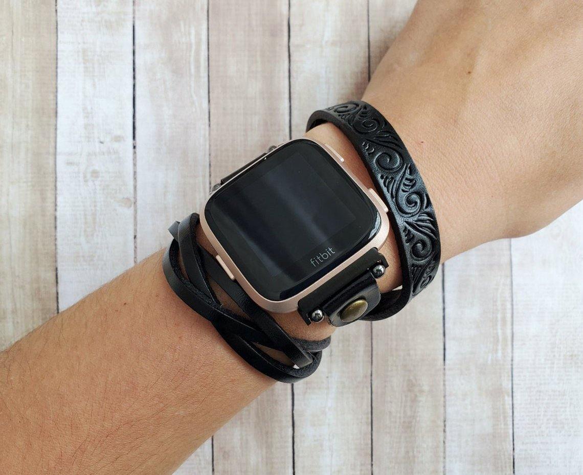 Fitbit Versa Leather Watch Band Handmade Embossed Braided Leather Bracelet for Versa 2 Versa Lite Watch Unisex Leather Wristband - Mareevo