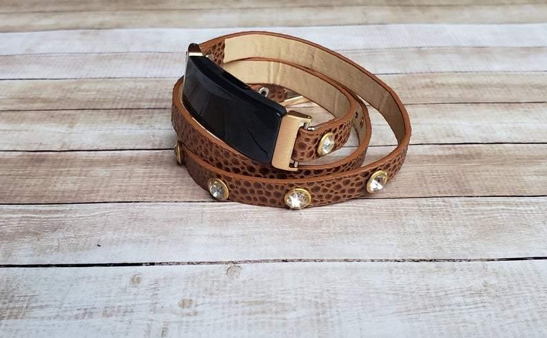 Gold Boho Chic Cheetah Print Leather Wrap Strap Bracelet for Fitbit Inspire - Mareevo