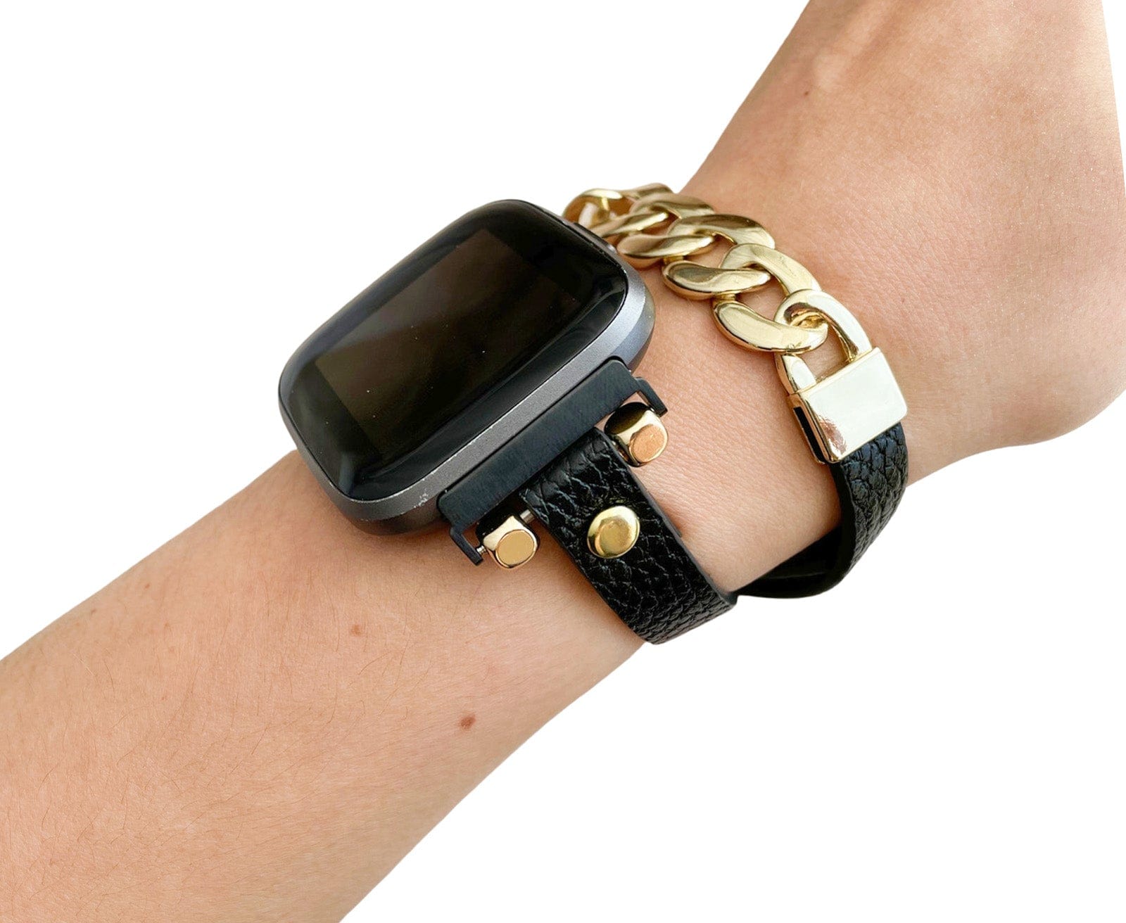 Gold Chain Black Leather Watch Bracelet Band for Versa/ Versa 2/Versa Lite - Mareevo