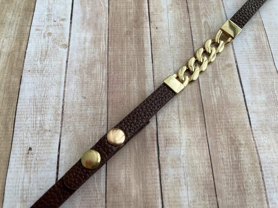 Gold Chain Bracelet Brown Leather Fitbit Watch Band for Fitbit Versa - Mareevo