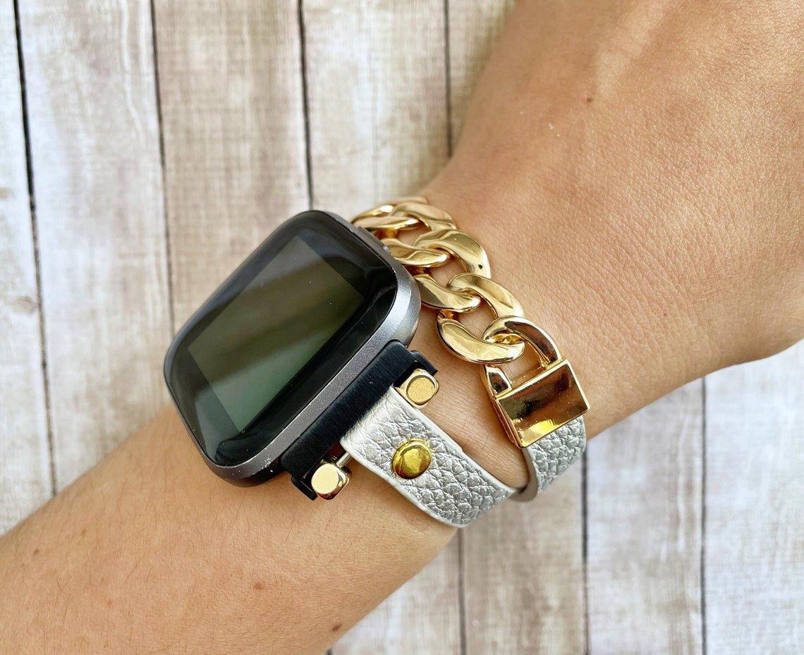 Gold Chain Silver Leather Bracelet Watch Band for Fitbit Versa - Mareevo