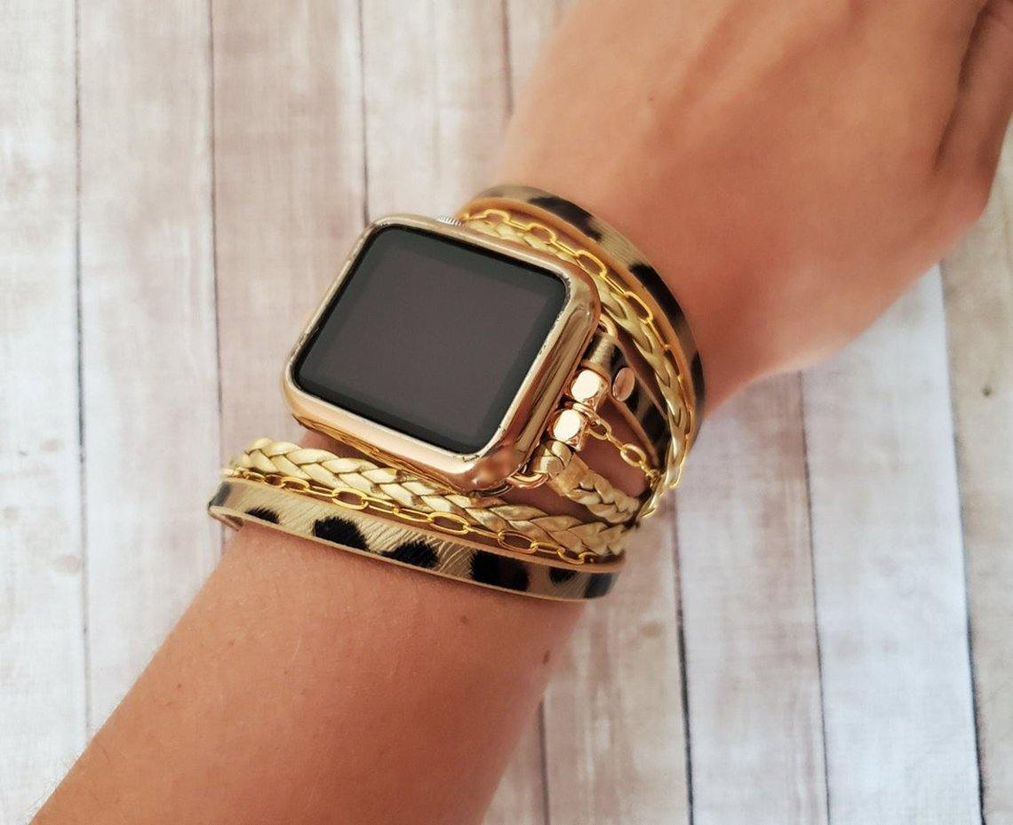 Gold Leopard Braided Leather Bracelet Band compatible with Apple Watch 38 40 41 42 44 45mm iWatch 7-1 SE - Mareevo