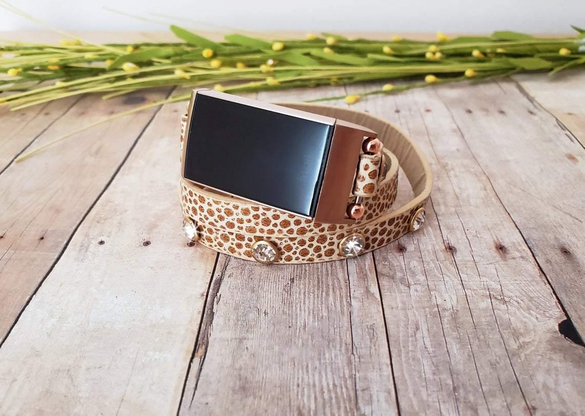 Leather Animal Print Fitbit Charge 3 4 Band Boho Chic Sparkling Riveted Replacement Strap for Fitbit Charge 4 - Mareevo