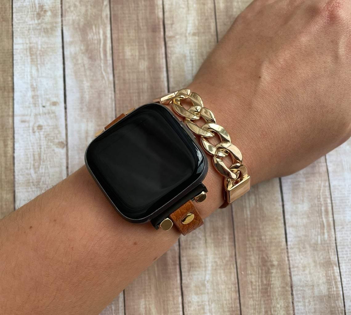 Light Brown Leather Wrap Watch Band for Fitbit Versa - Mareevo