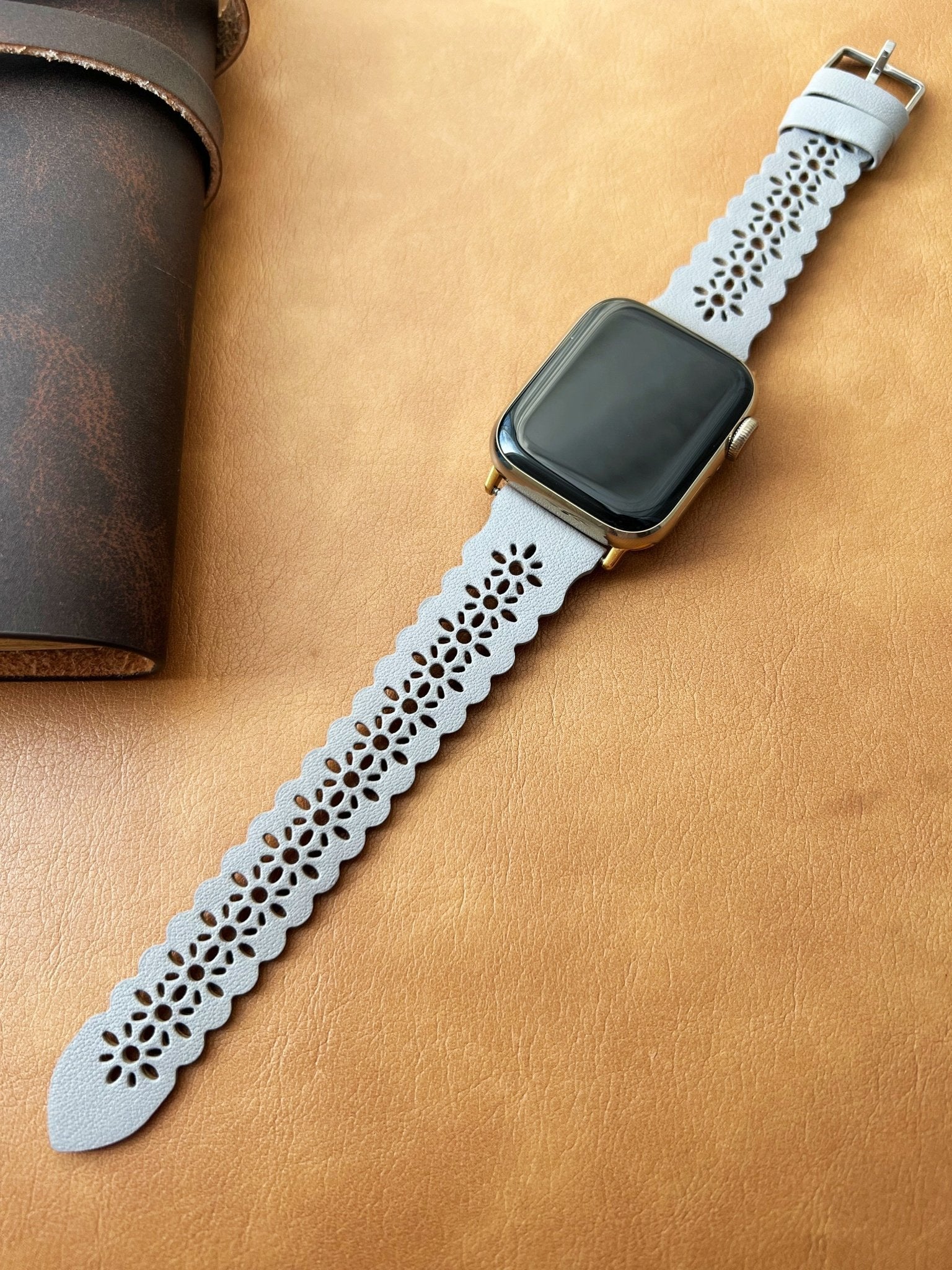 Off White Filigree Laser Cut Lace Leather Watch Band - Mareevo