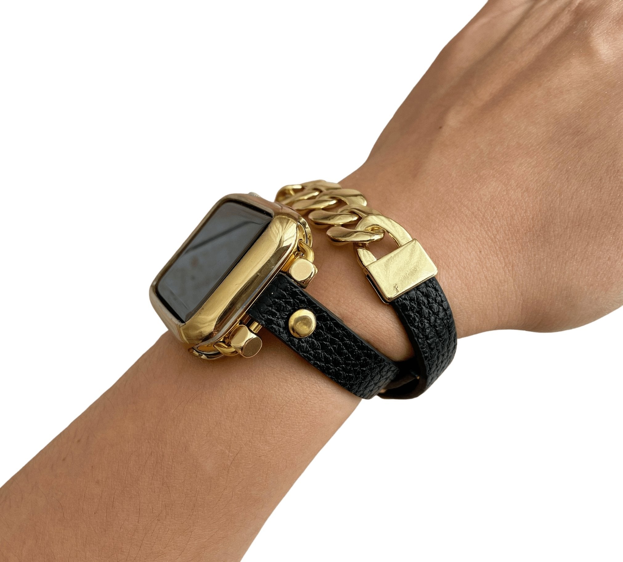Posh Black Leather Wrap Bracelet Gold Chain Band - Mareevo
