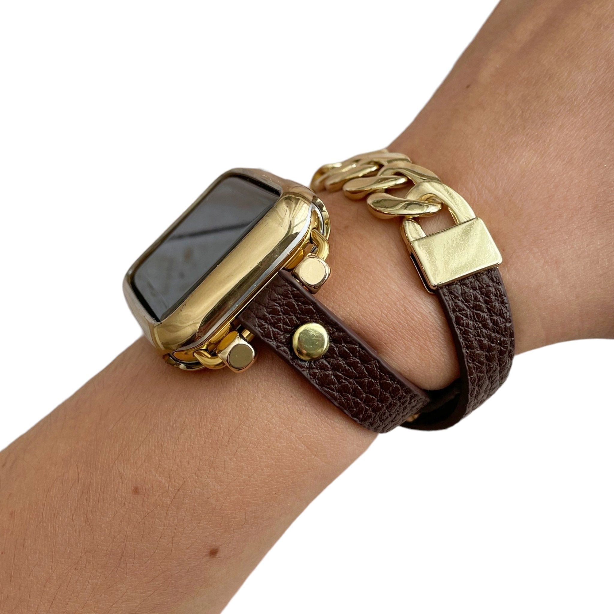 Posh Brown Leather Wrap Bracelet Gold Chain Band - Mareevo