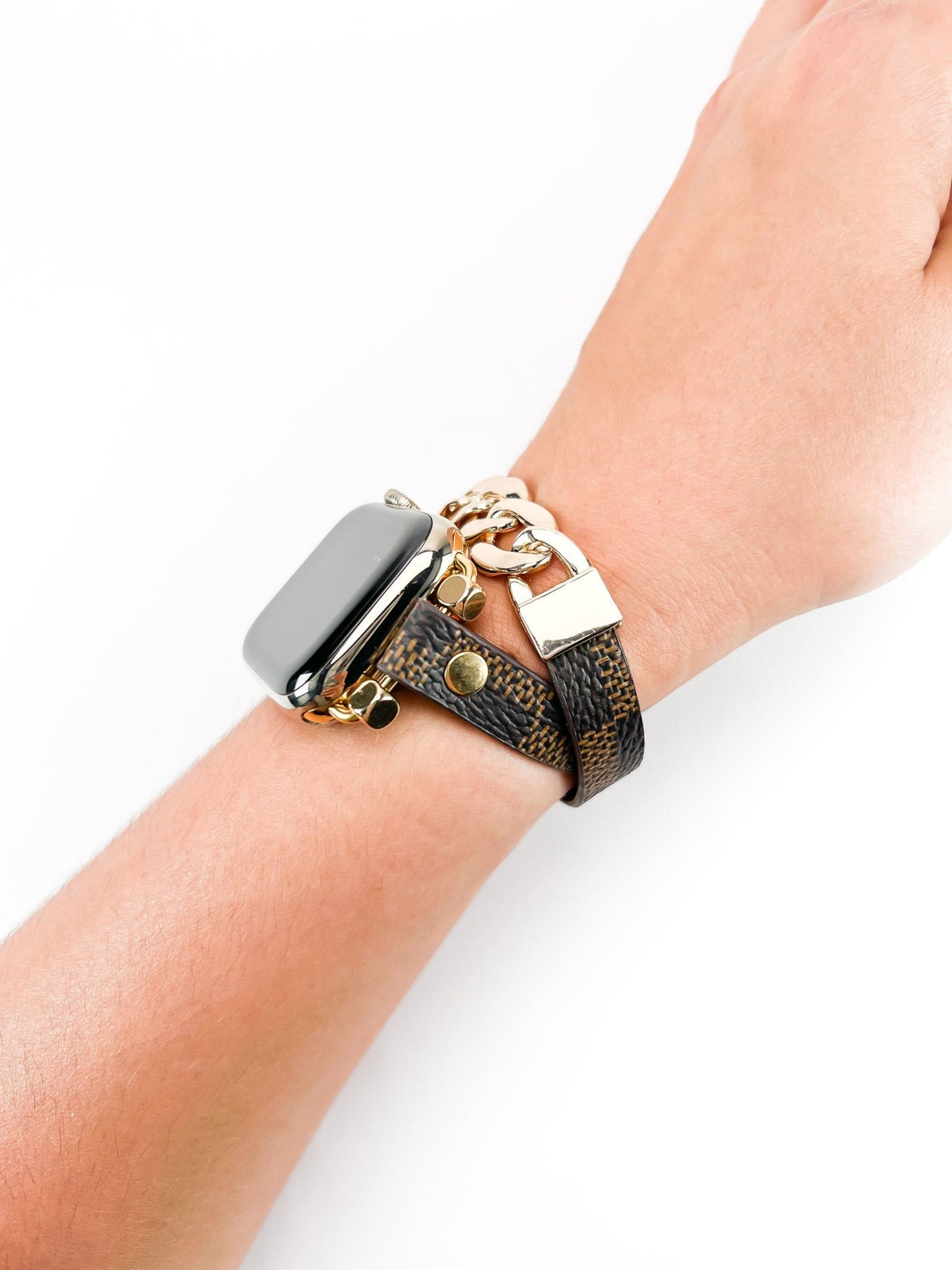 Posh Checker Leather Wrap Bracelet Gold Chain Band