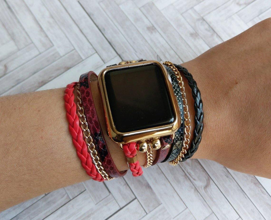 Red and Black Hippie Wrap Watch Strap compatible with Apple Watch 38 40 41 42 44 45mm iWatch 7-1 SE - Mareevo