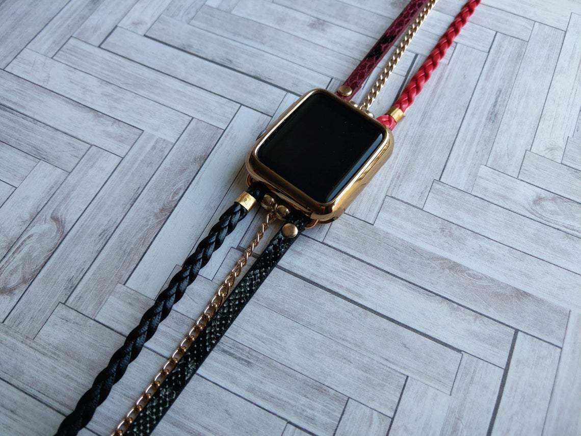 Red and Black Hippie Wrap Watch Strap compatible with Apple Watch 38 40 41 42 44 45mm iWatch 7-1 SE - Mareevo