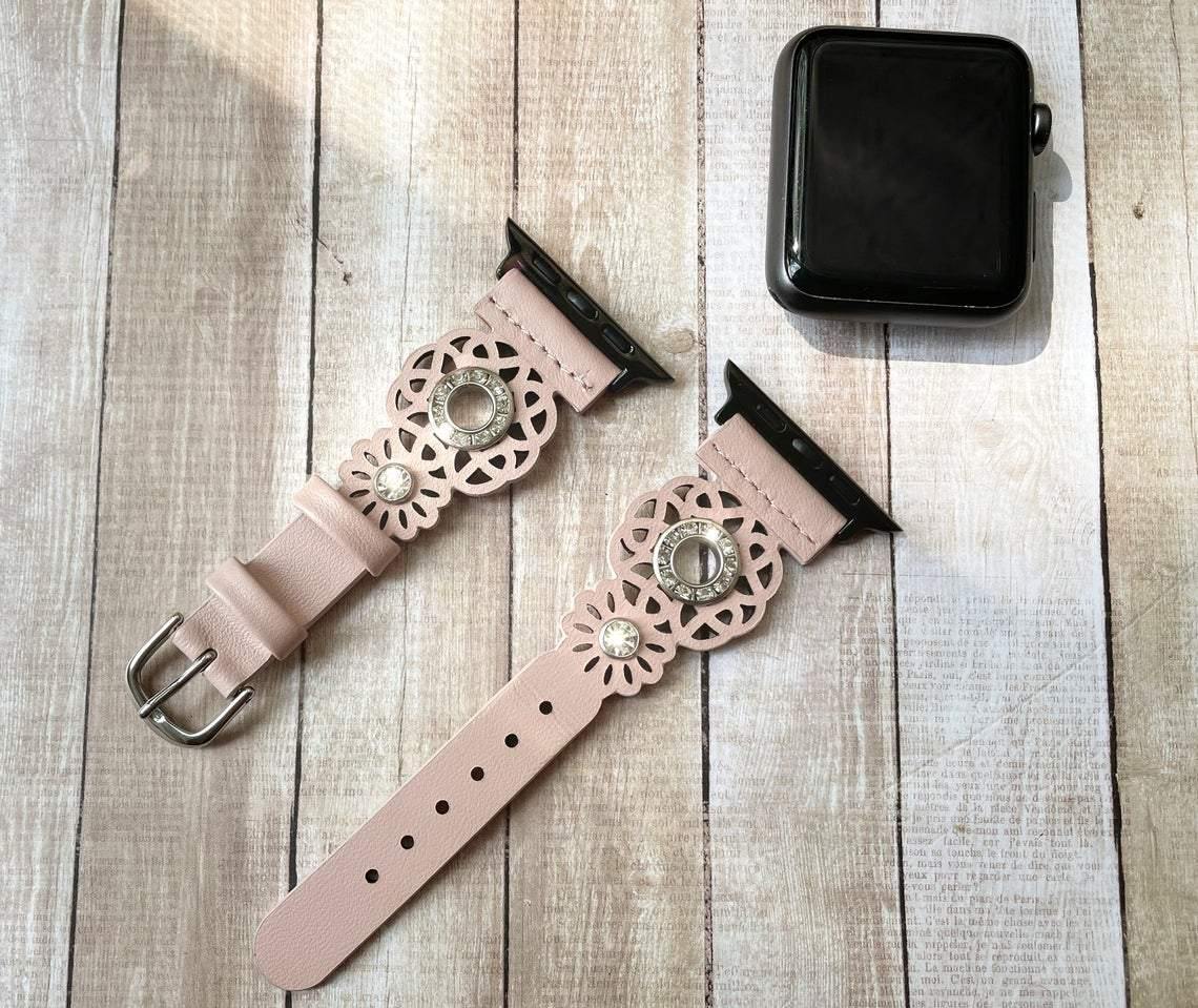 Rose Pink Filigree Lace Leather Watch Band with Crystal Pave - Mareevo