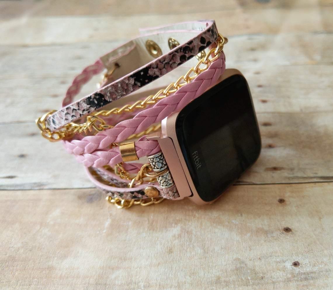 Rose Pink Versa Band Boho Chic Snake Print Braided Leather Wrap Strap Chain Bracelet for Versa 2 Watch Luxury Unisex Versa Accessory - Mareevo