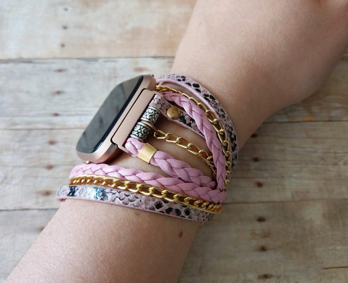 Rose Pink Versa Band Boho Chic Snake Print Braided Leather Wrap Strap Chain Bracelet for Versa 2 Watch Luxury Unisex Versa Accessory - Mareevo