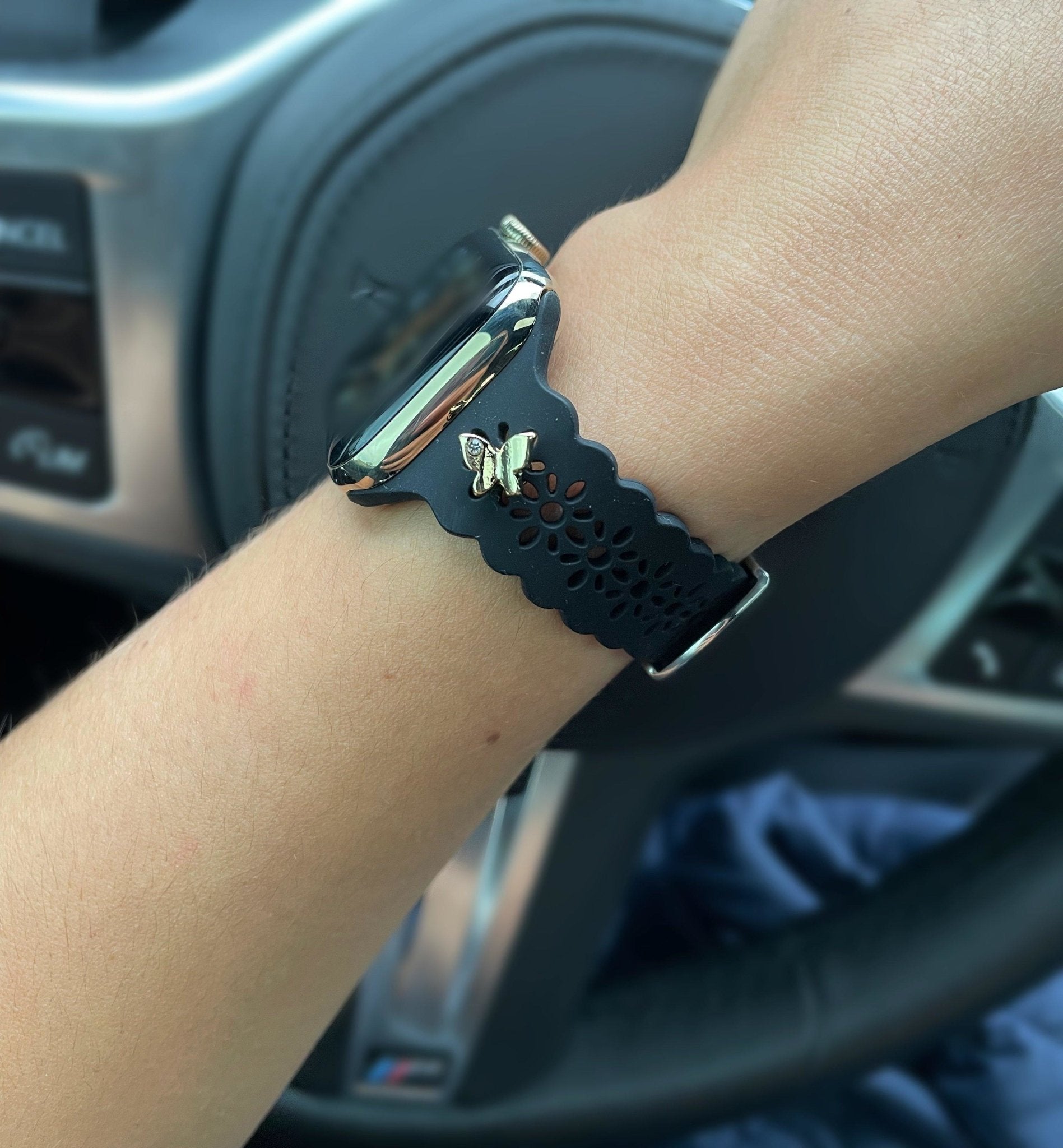 Silicone Laser Cut Apple Watch Band with Butterfly Stud Charm - Mareevo