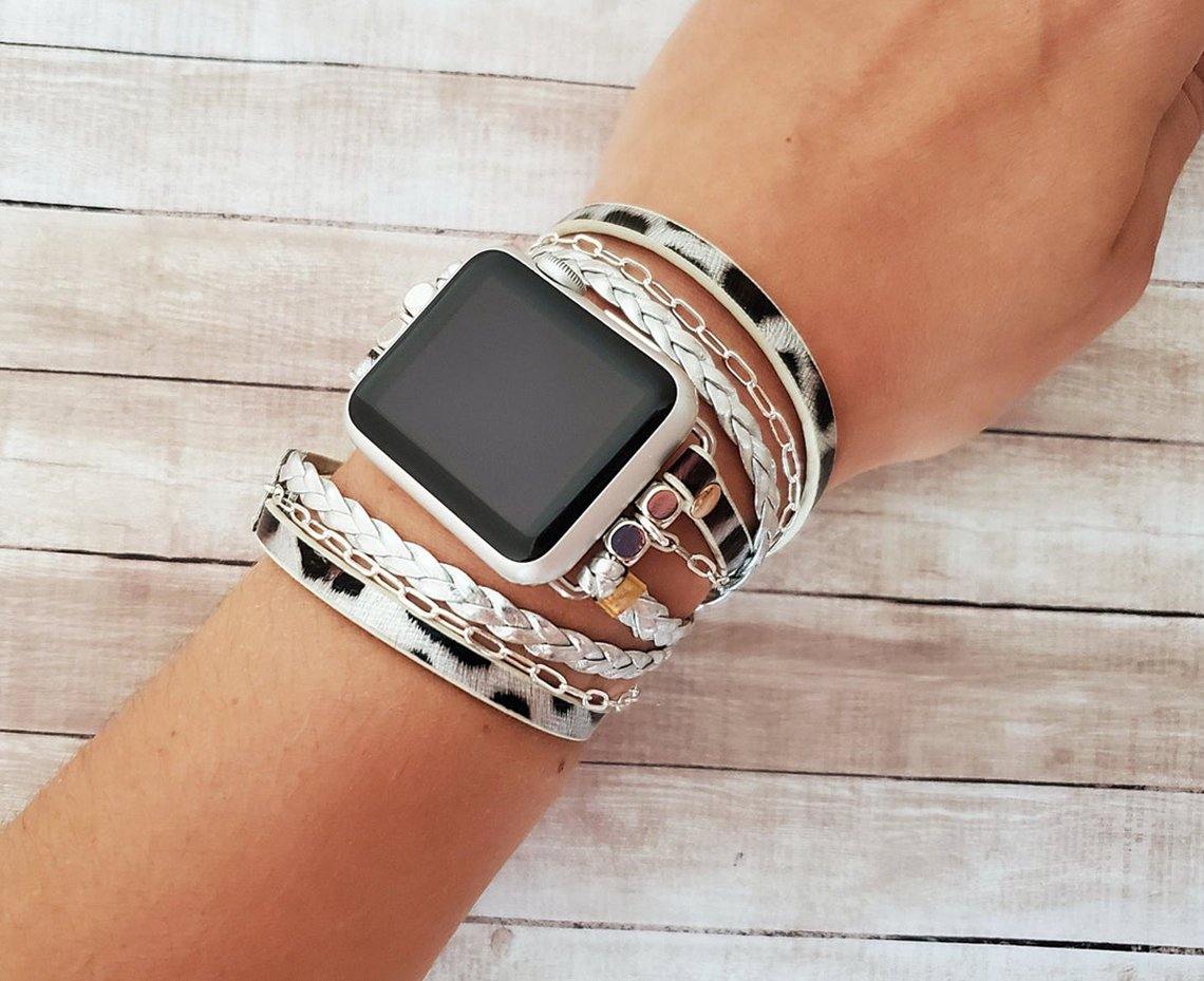 Silver Leopard Print Wrap Bracelet Band with Silver Chain - Mareevo