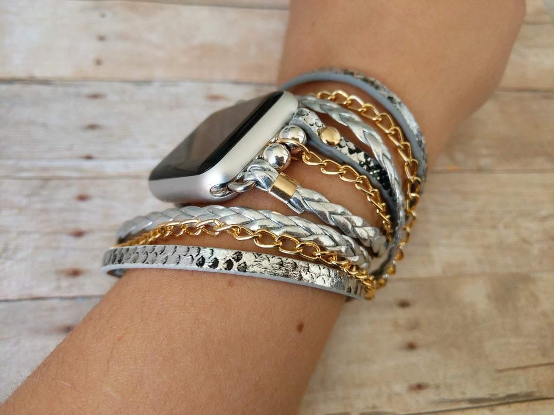 Silver Snake Skin Boho Chic Wrap Watch Band with Gold Chain - Mareevo