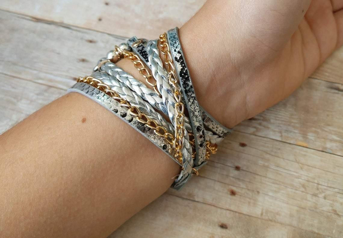 Silver Snake Skin Boho Chic Wrap Watch Band with Gold Chain - Mareevo