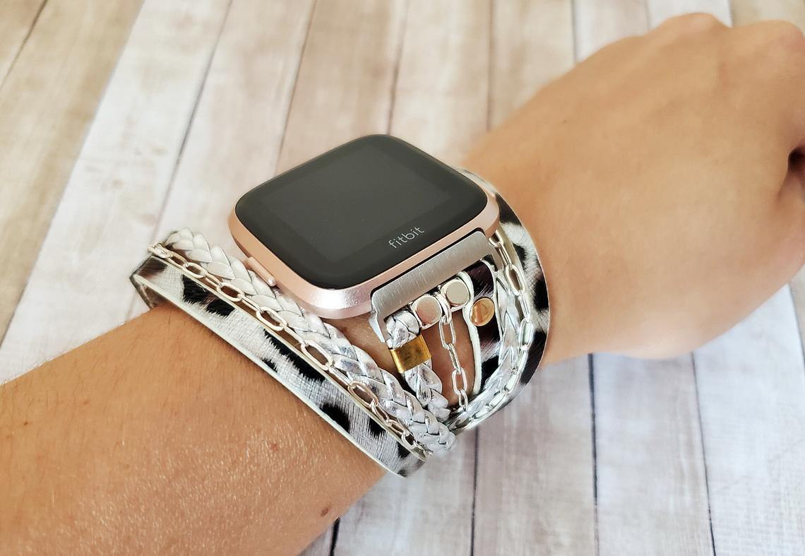 Snow Leopard Vegan Leather Wrap Watch Band with Silver Chain for Fitbit Versa 3 and Sense - Mareevo