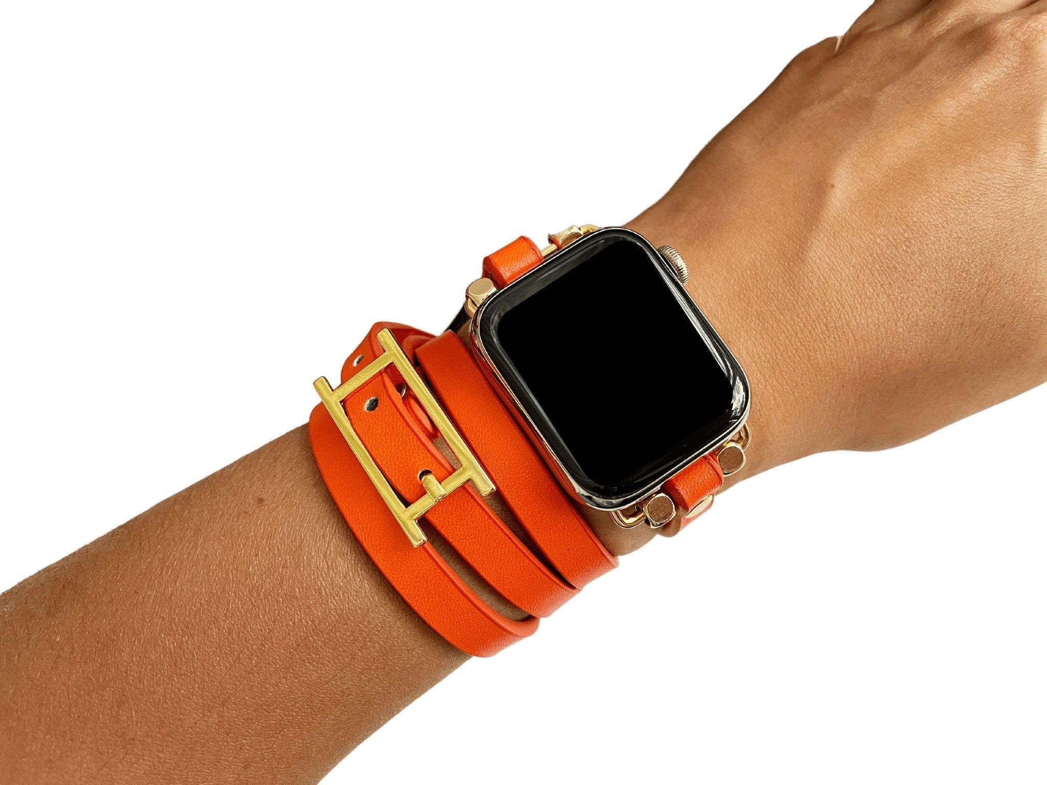 orange wrap bracelet band with gold buckle