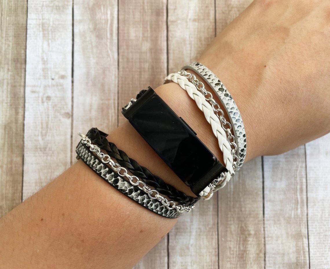 White Black Snakeskin Leather Watch Band with Silver Chain for Fitbit  Inspire