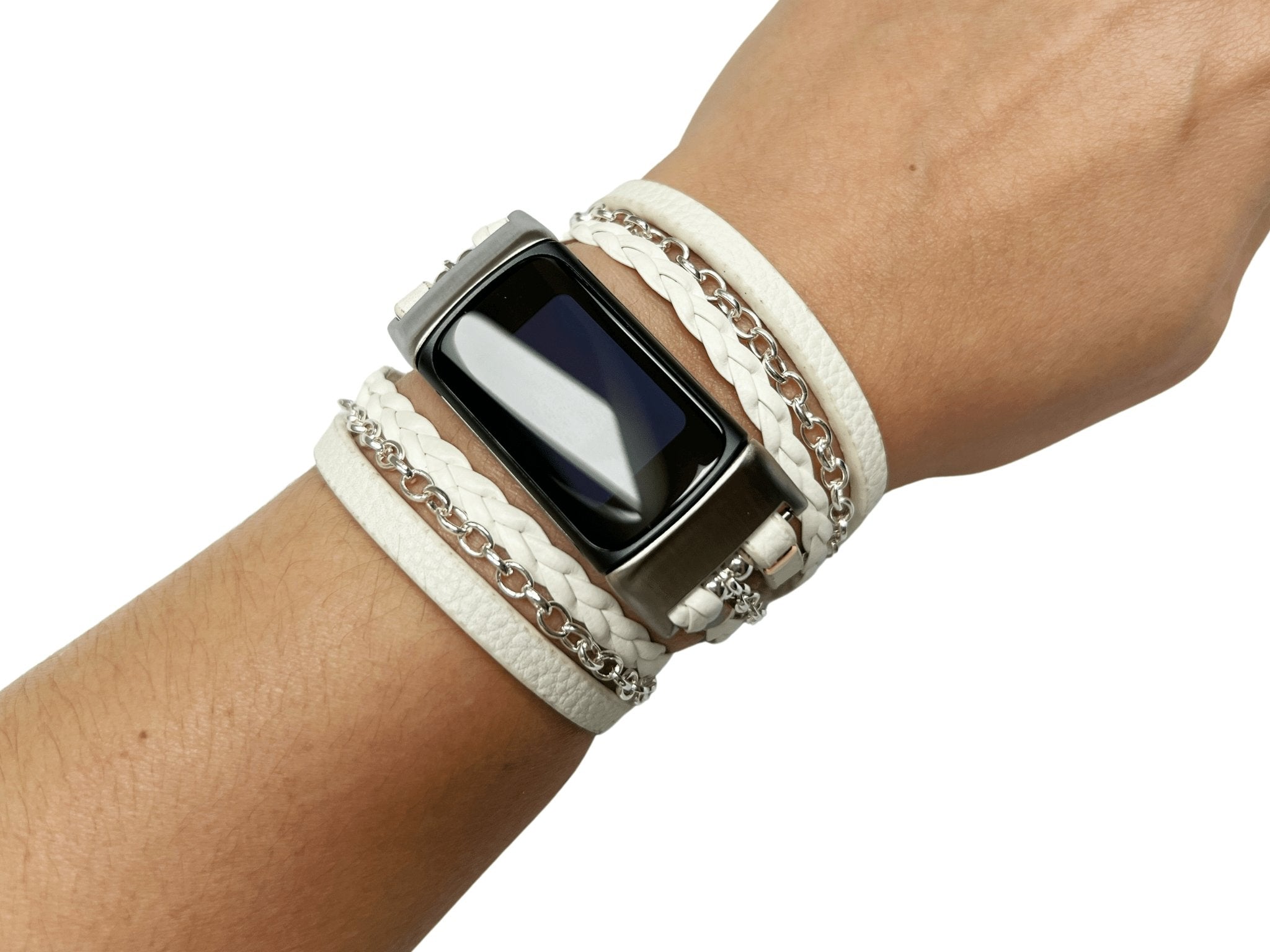White Boho Chic Black Leather Warp Watch Bracelet Band for FitBit Charge 5 - Mareevo