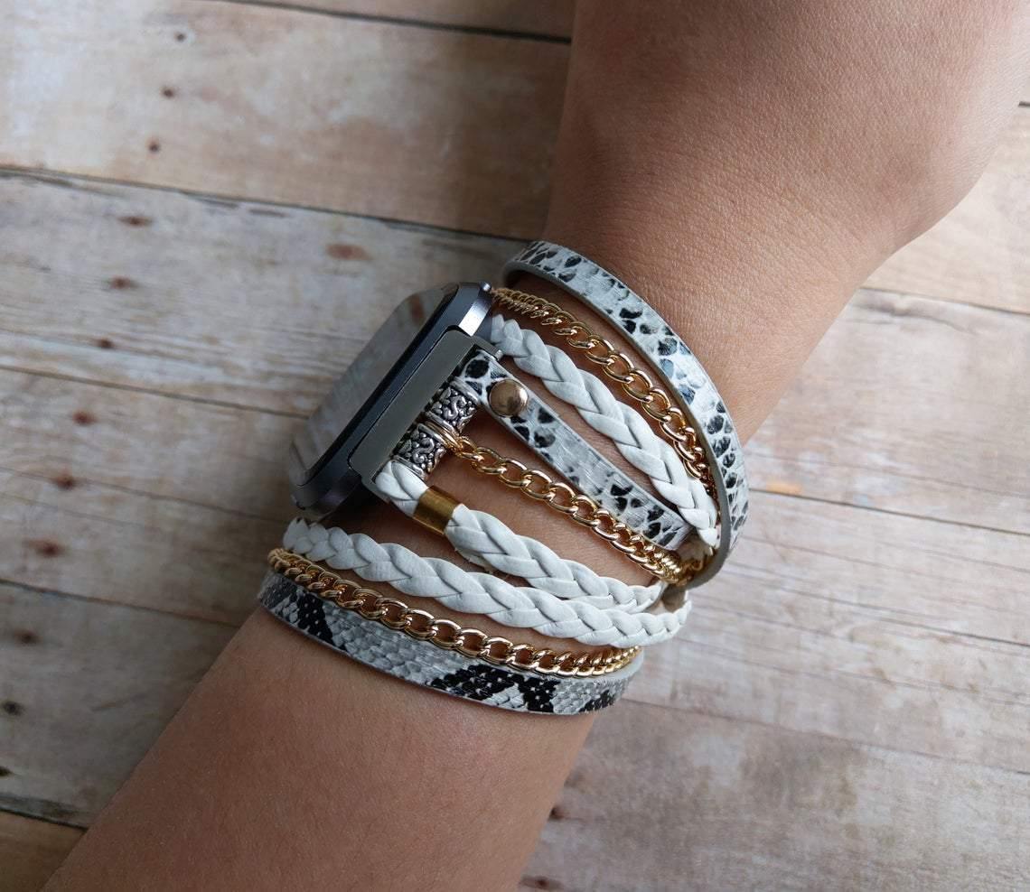 White Boho Chic Snake Skin Wrap Bracelet Band for Fitbit Versa 3/Sense - Mareevo