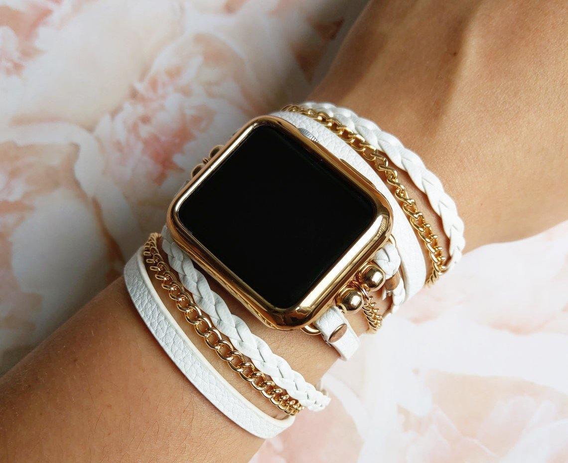 White Boho Hippie Wrap Bracelet Watch Band with Gold Chain