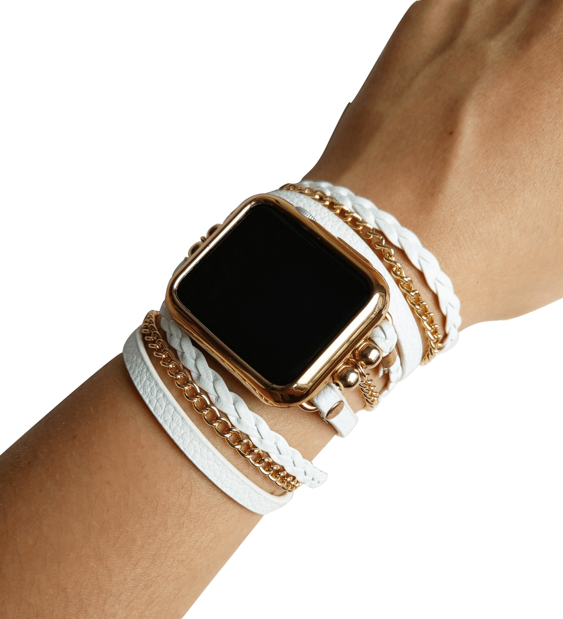 White Boho Hippie Wrap Bracelet Watch Band with Gold Chain - Mareevo