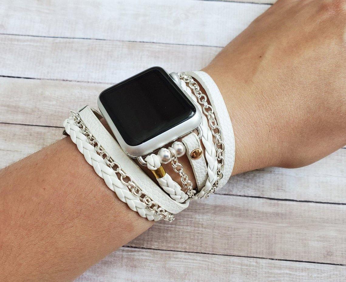 White Boho Hippie Wrap Bracelet Watch Band with Silver Chain - Mareevo