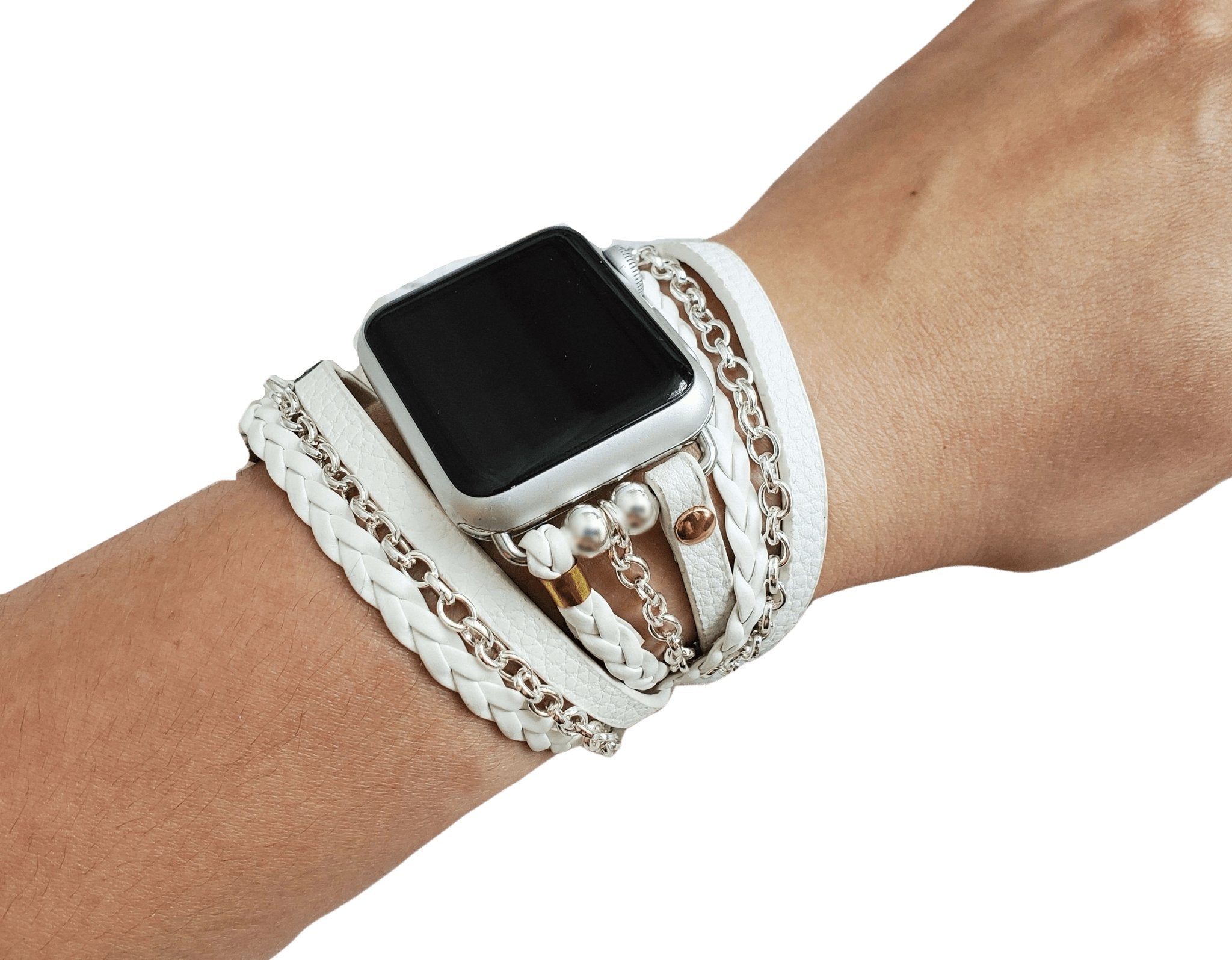 White Boho Hippie Wrap Bracelet Watch Band with Silver Chain