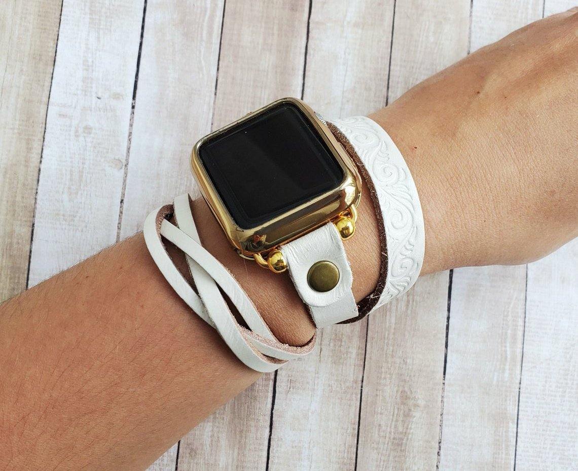 White Embossed Leather Wrap Watch Strap created for Apple Watch 38 40 41 42 44 45mm iWatch 7-1 SE - Mareevo