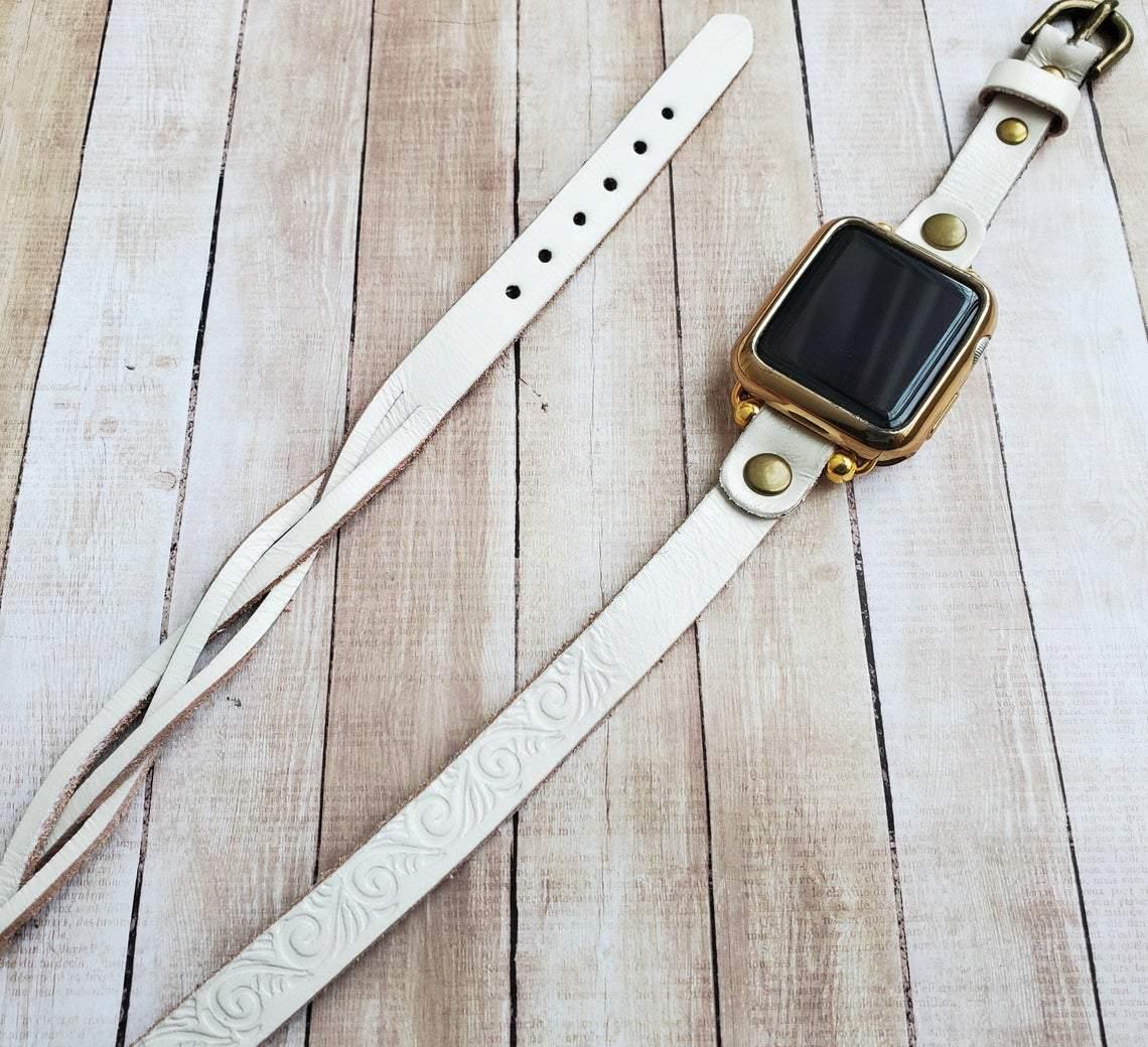 White Embossed Leather Wrap Watch Strap created for Apple Watch 38 40 41 42 44 45mm iWatch 7-1 SE - Mareevo