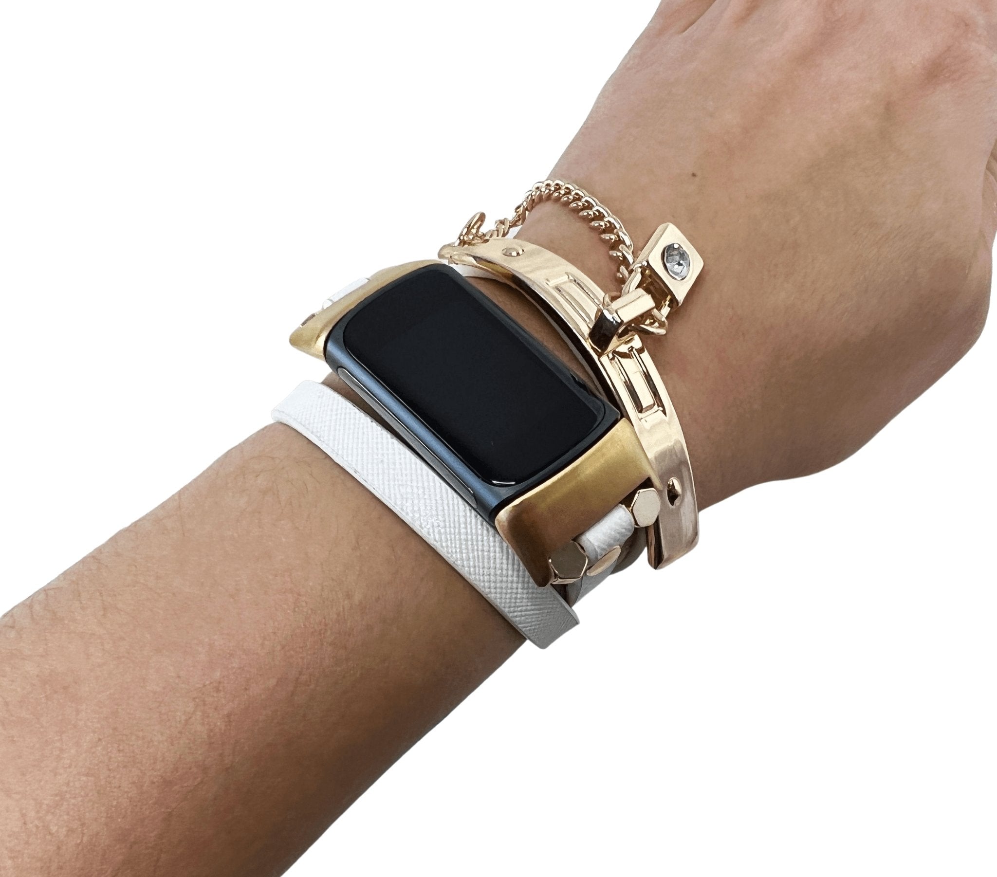 White Leather Gold Bangle with Lock Charm fits Fitbit Charge 5 - Mareevo
