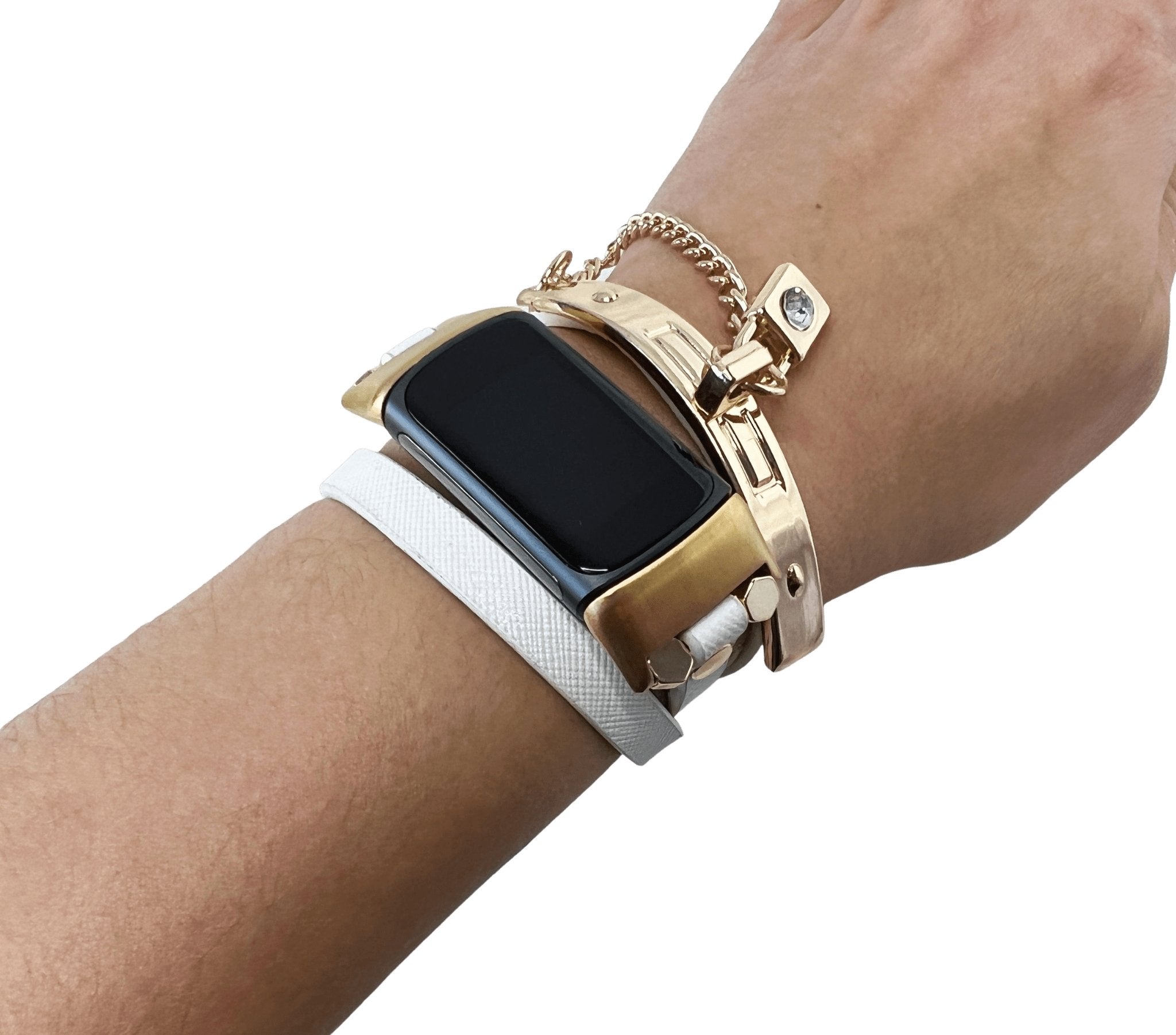 White Leather Gold Bangle with Lock Charm fits Fitbit Charge 5 - Mareevo