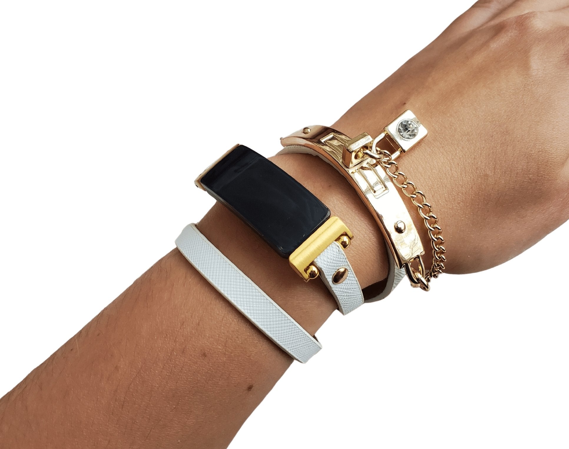White Leather Wrap Watch Bracelet Gold Bangle with Lock Charm for Fitbit Inspire - Mareevo