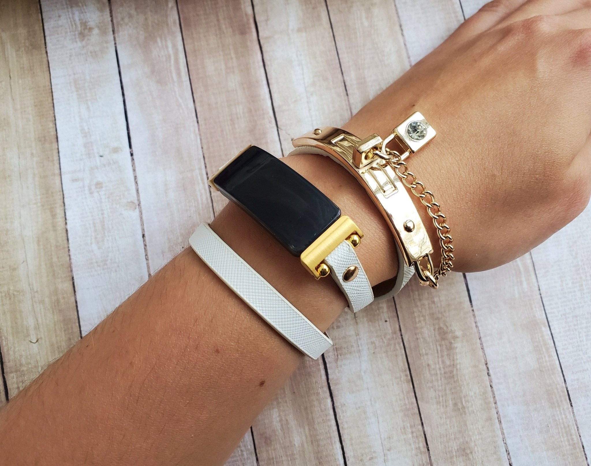 White Leather Wrap Watch Bracelet Gold Bangle with Lock Charm for Fitbit Inspire - Mareevo
