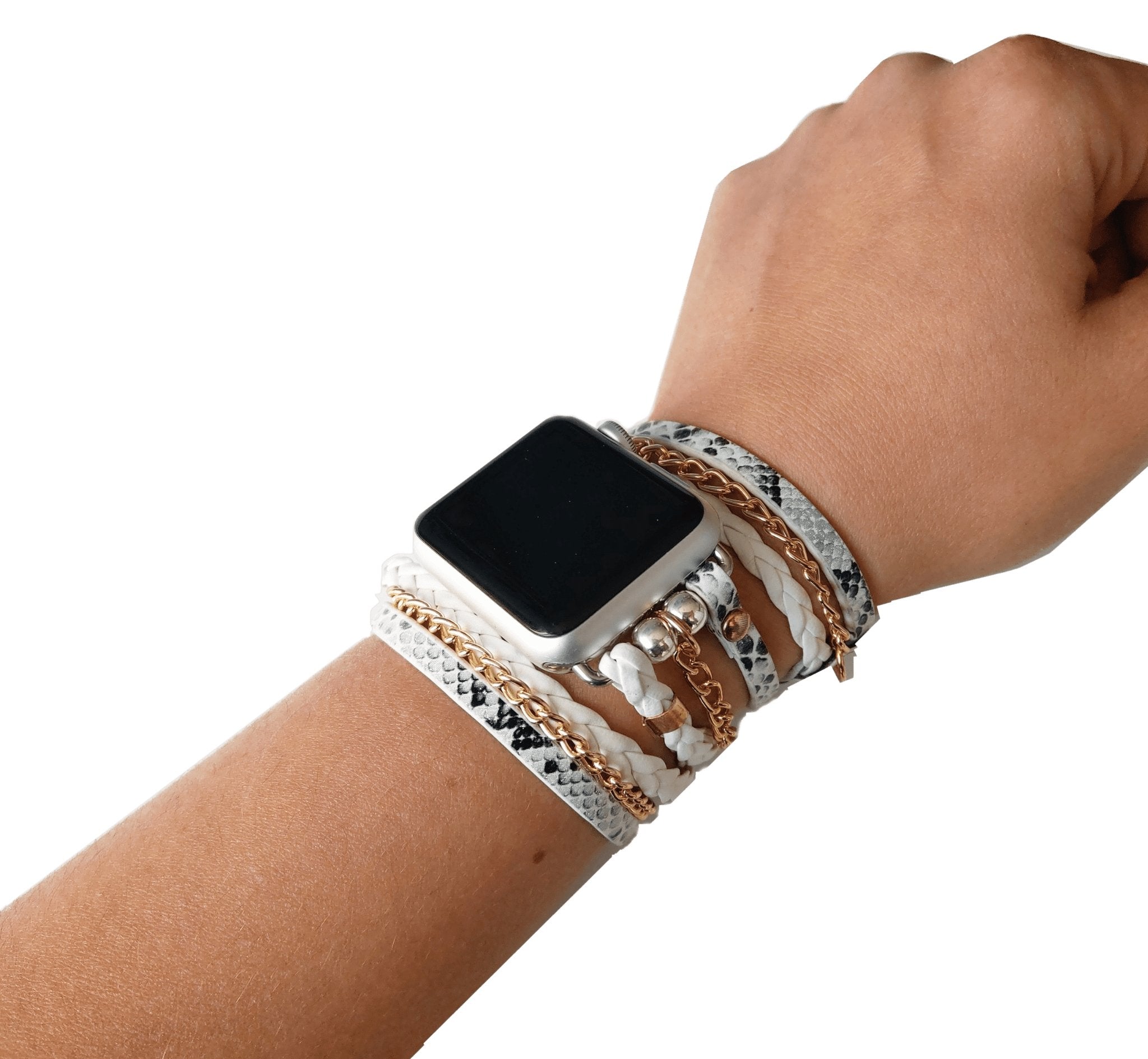 White Snakeskin Boho Chic Wrap Bracelet Watch Band with Gold Chain - Mareevo