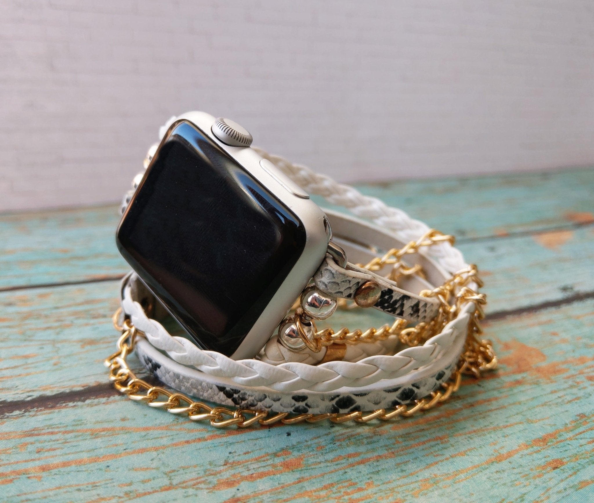 White Snakeskin Boho Chic Wrap Bracelet Watch Band with Gold Chain - Mareevo